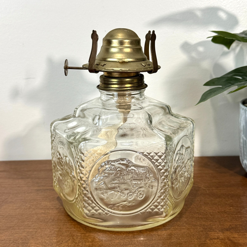 Vintage Lamplight Farms Embossed Glass Oil Lamp Farm Scene Clear No Hurricane